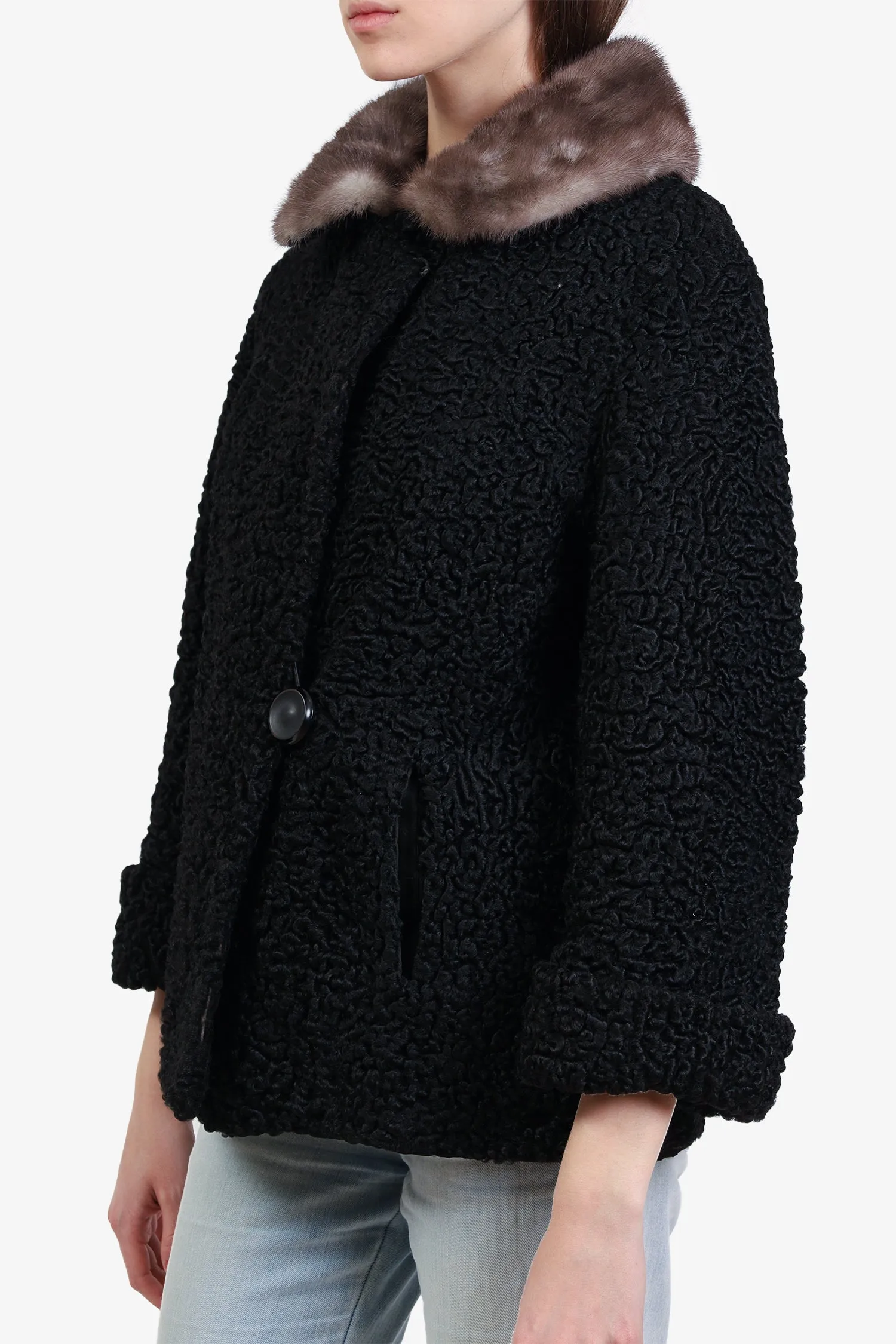 Fur Salon Black Astrakhan Fur Jacket with Mink Collar Size Small