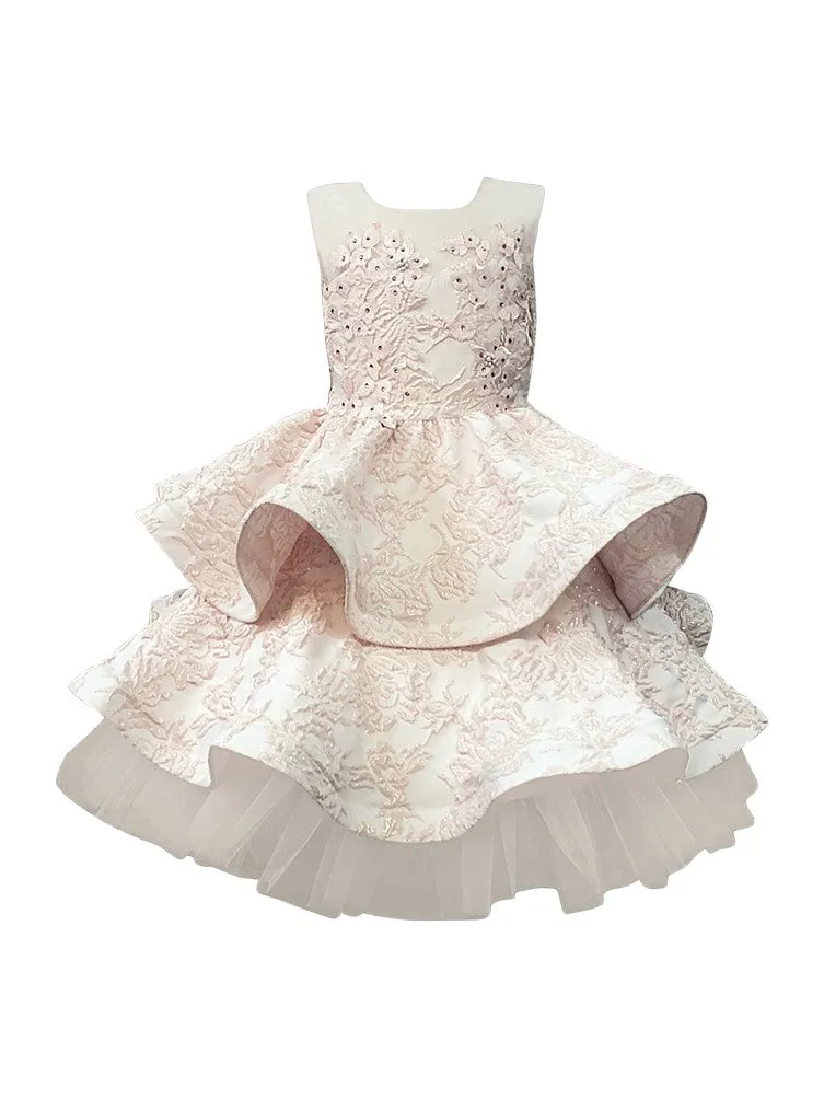 Girls Floral Jacquard Layered Flower Girl Dress 2T-12