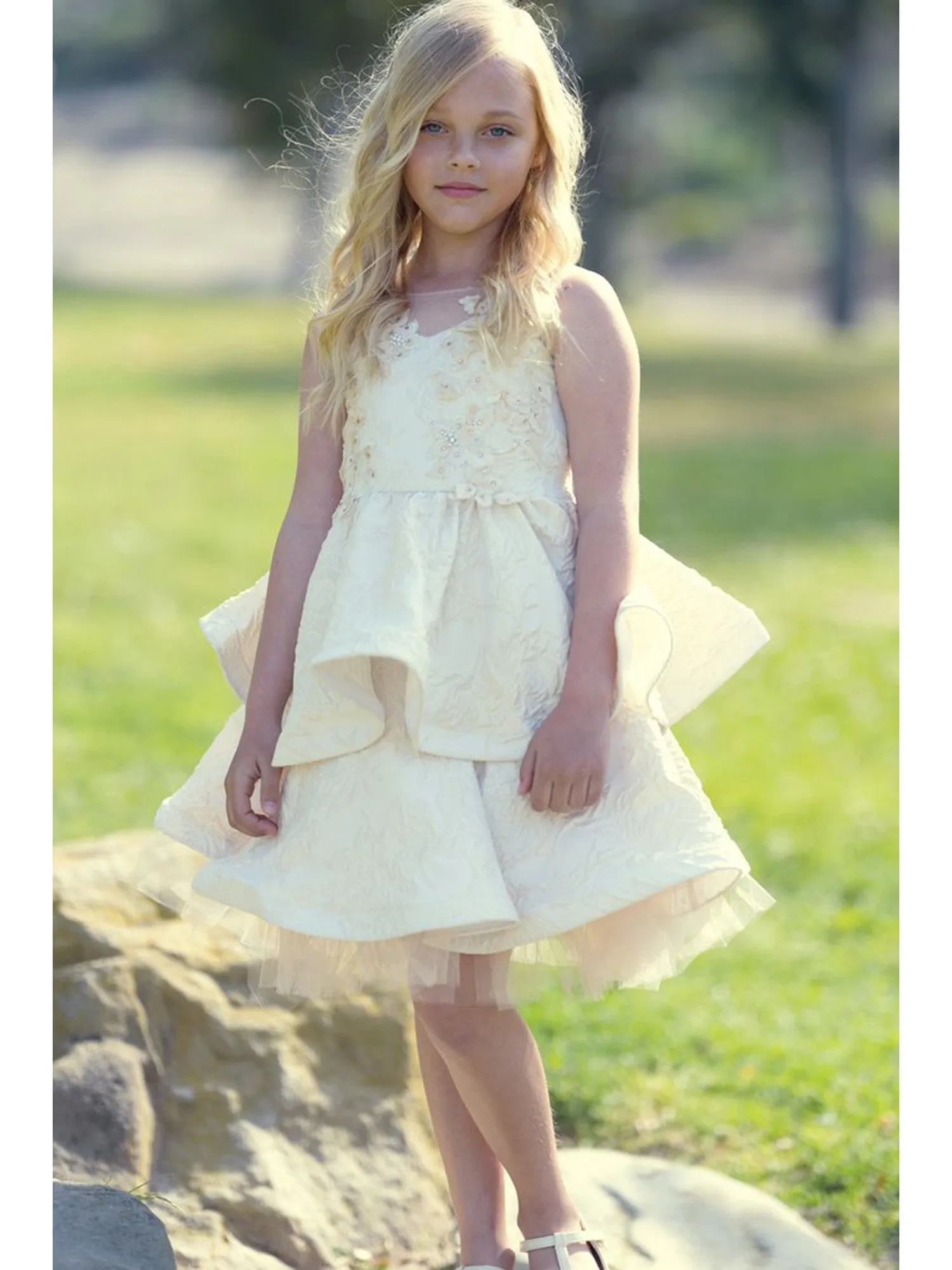Girls Floral Jacquard Layered Flower Girl Dress 2T-12