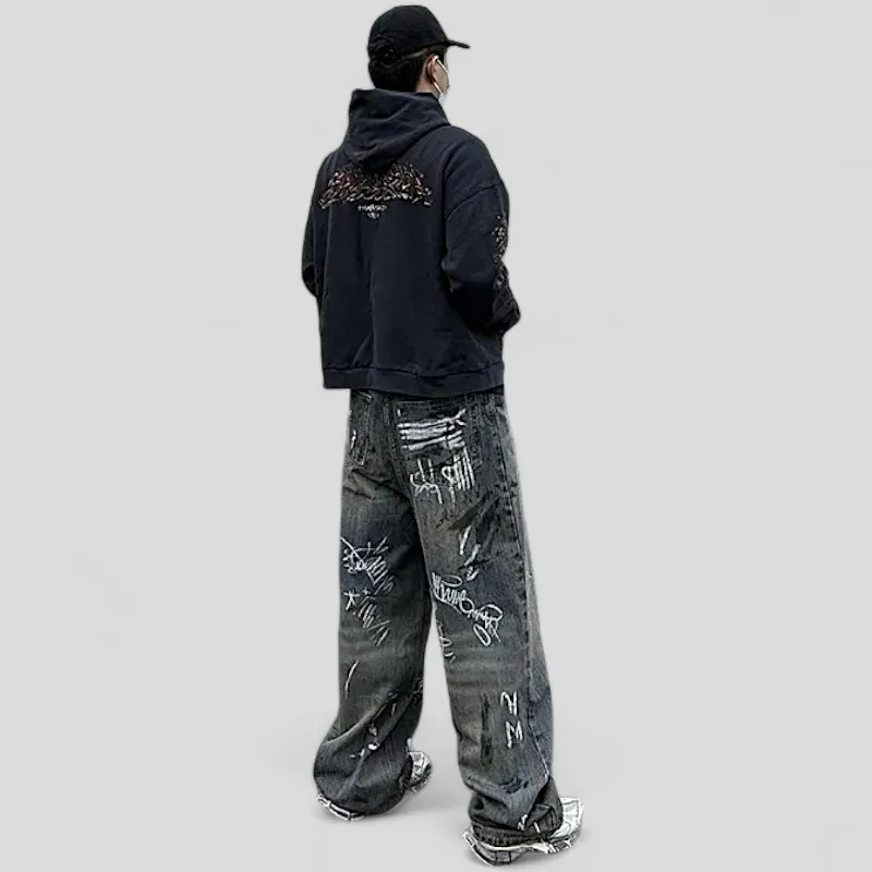Graffiti paint wide leg jean