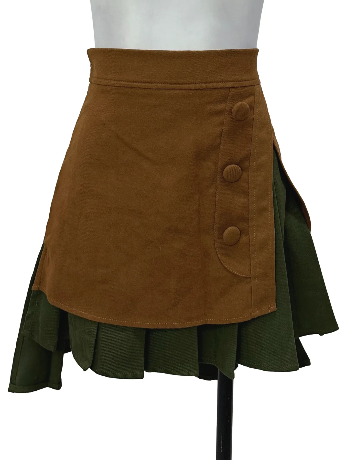 Green & Brown Layered Pleated Skirt