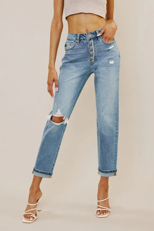 High Rise Frayed Button Fly Mom Jean
