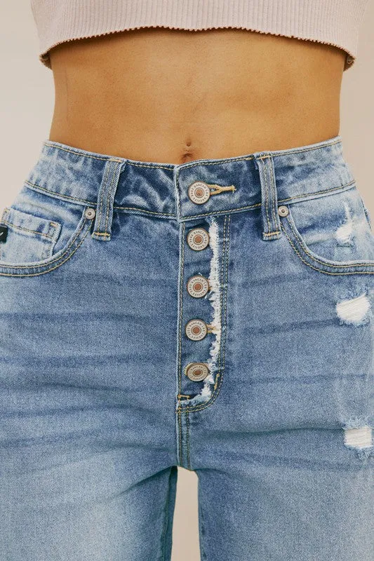 High Rise Frayed Button Fly Mom Jean