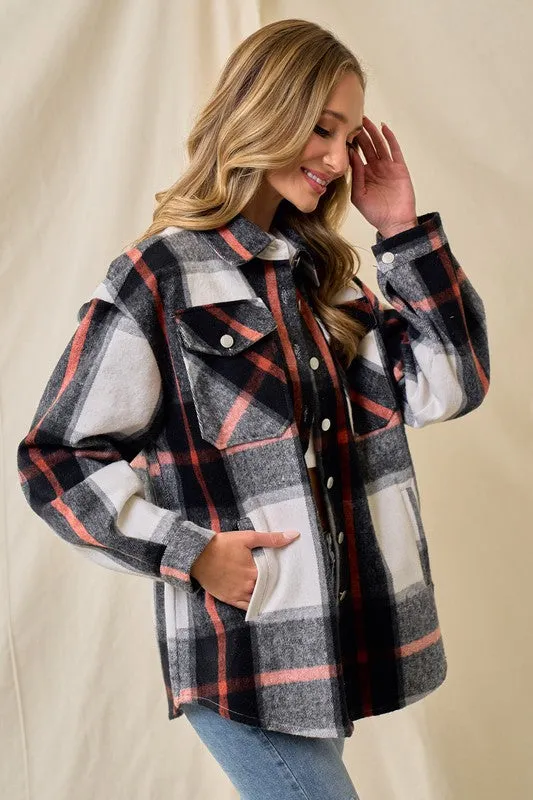 Jerri Brushed Flannel Plaid Shacket - Black/Chocolate