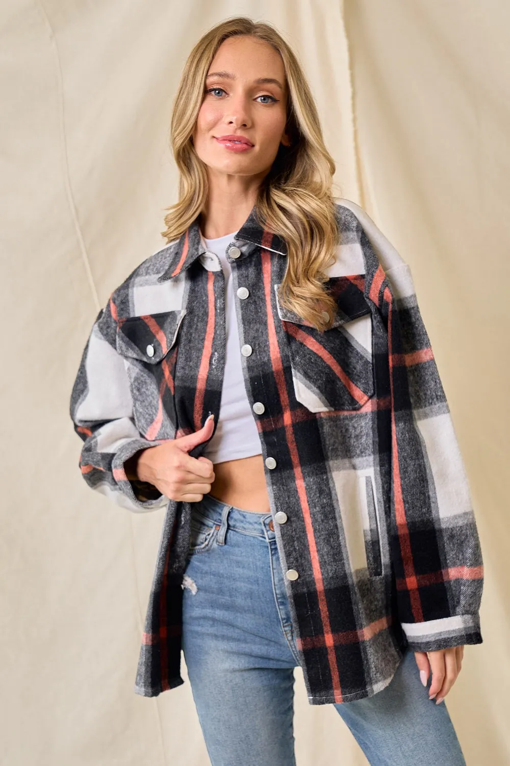 Jerri Brushed Flannel Plaid Shacket - Black/Chocolate