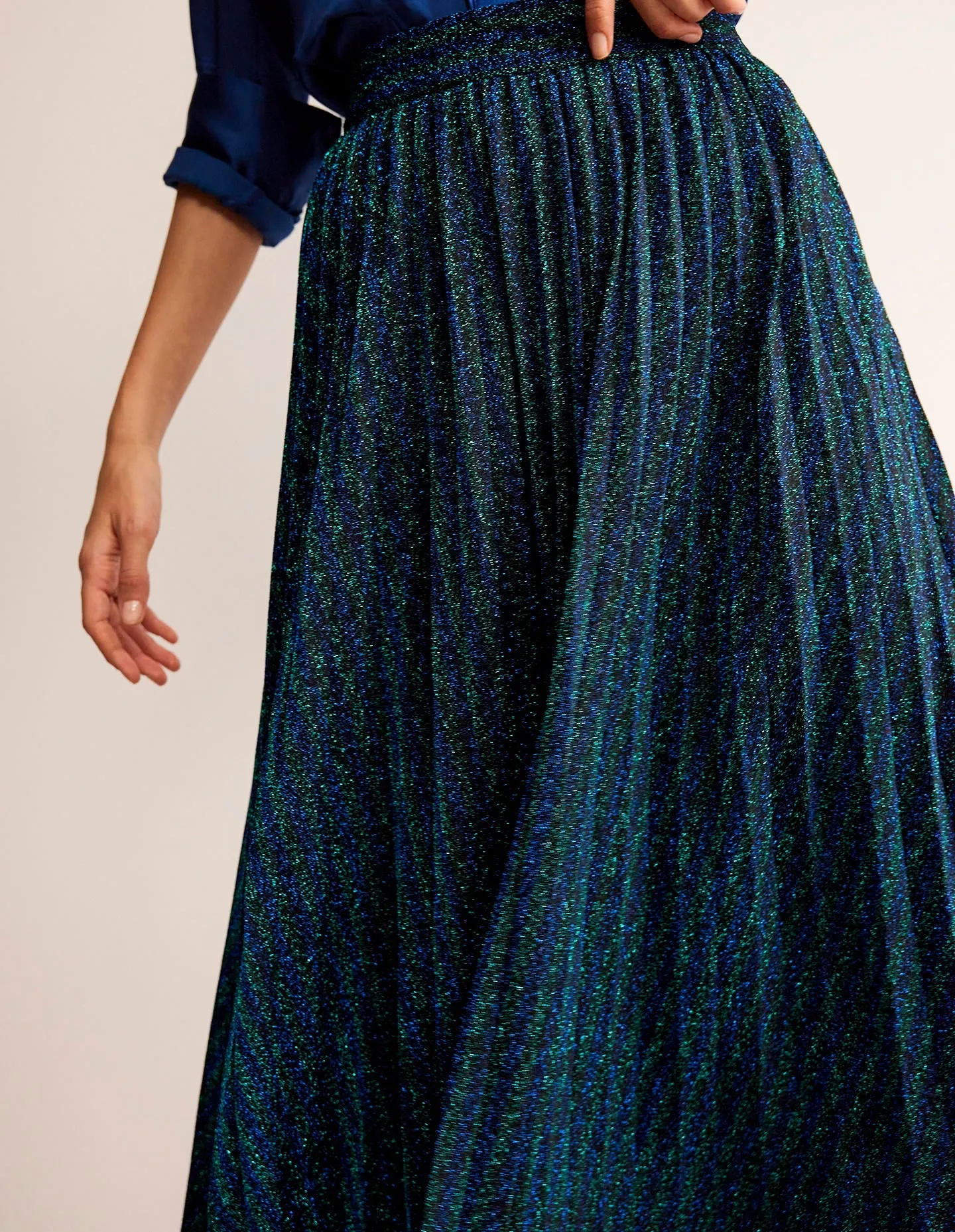 Jersey Metallic Pleated Skirt-Green / Navy Stripe