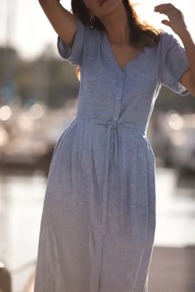 June Dress in Light Blue Linen/Cotton Made to Order
