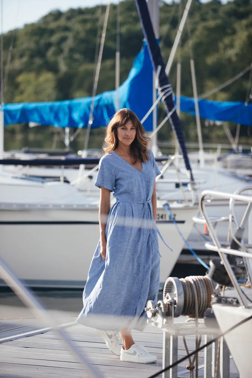 June Dress in Light Blue Linen/Cotton Made to Order