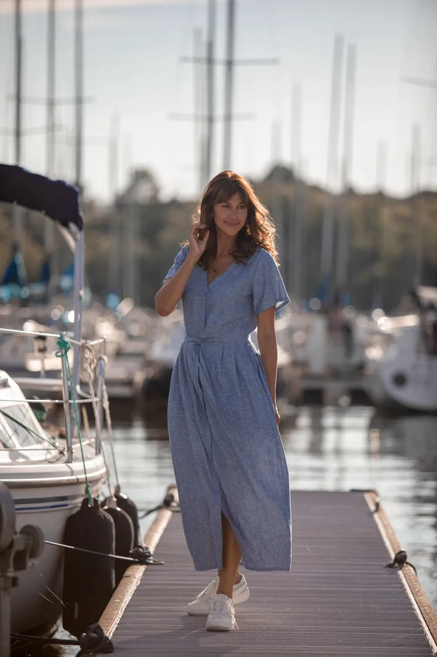 June Dress in Light Blue Linen/Cotton Made to Order