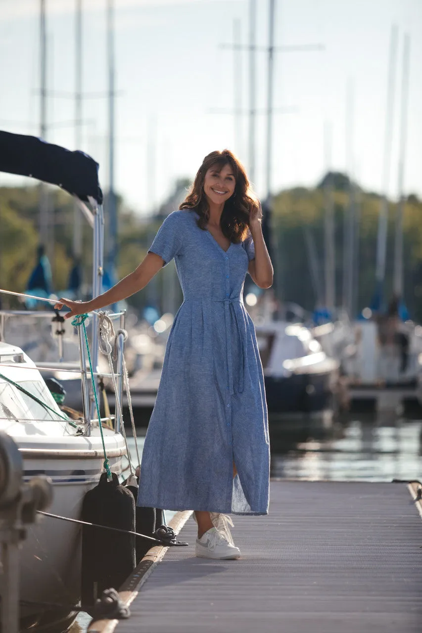 June Dress in Light Blue Linen/Cotton Made to Order