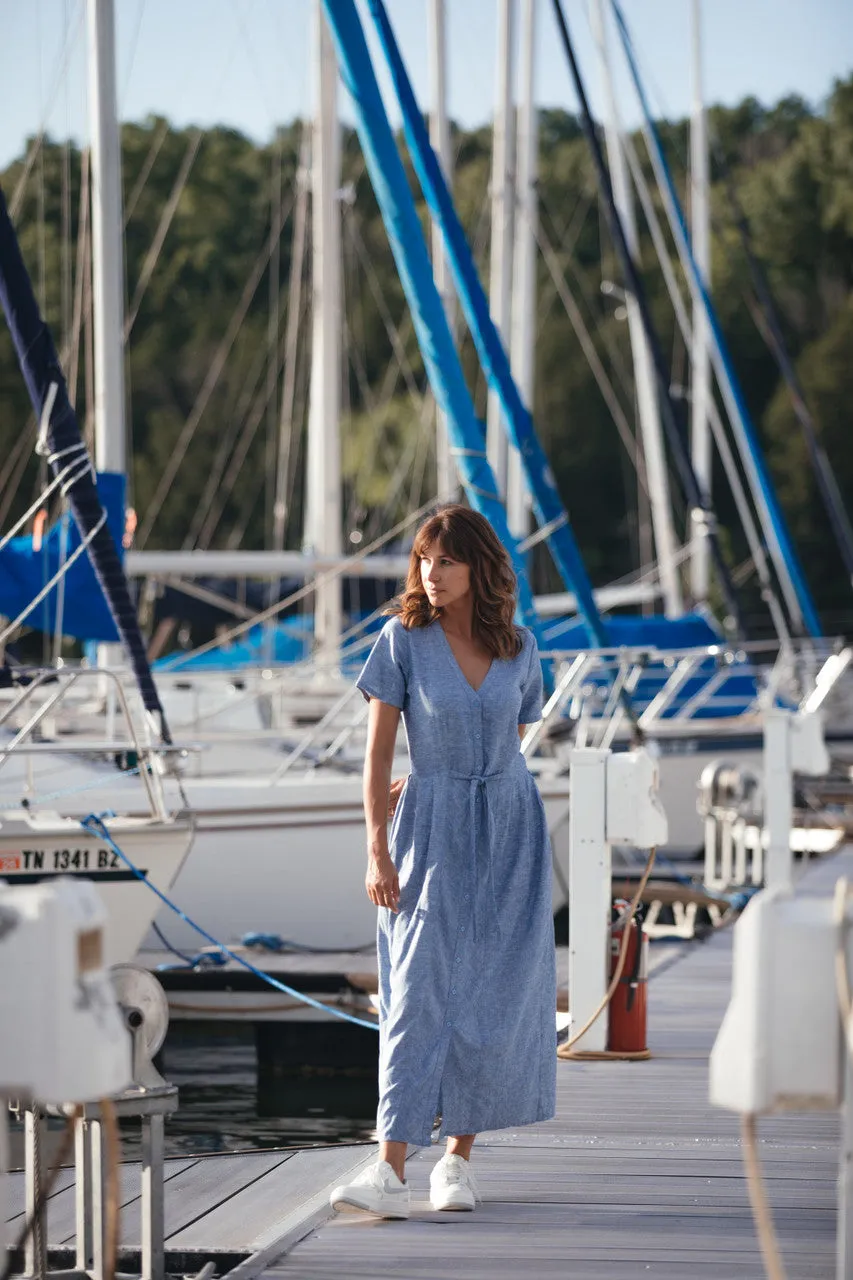 June Dress in Light Blue Linen/Cotton Made to Order