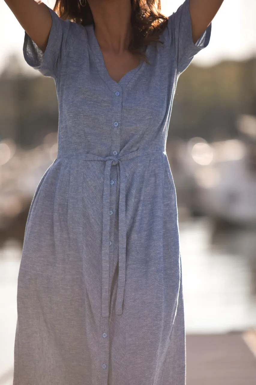 June Dress in Light Blue Linen/Cotton Made to Order