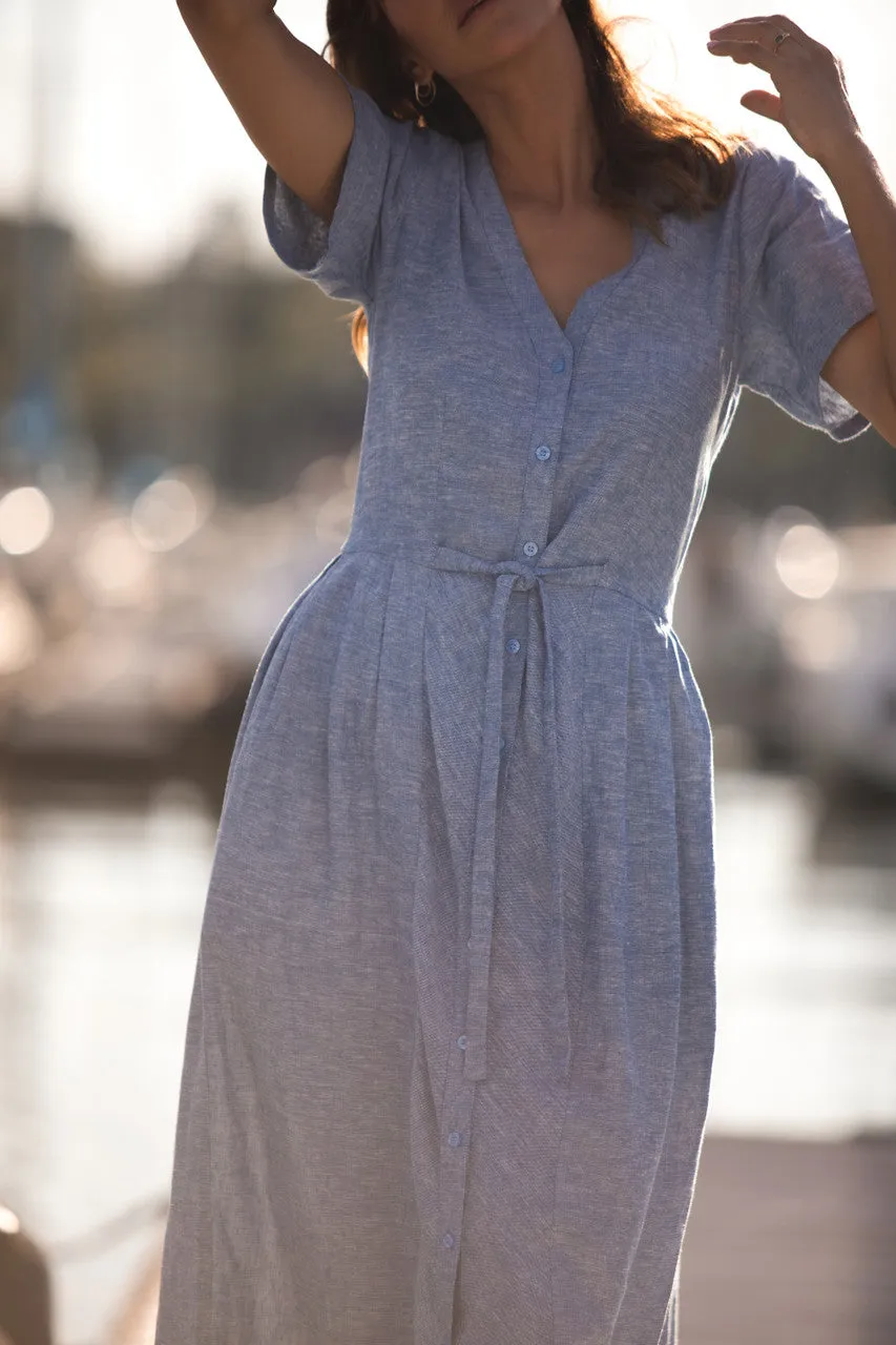 June Dress in Light Blue Linen/Cotton Made to Order