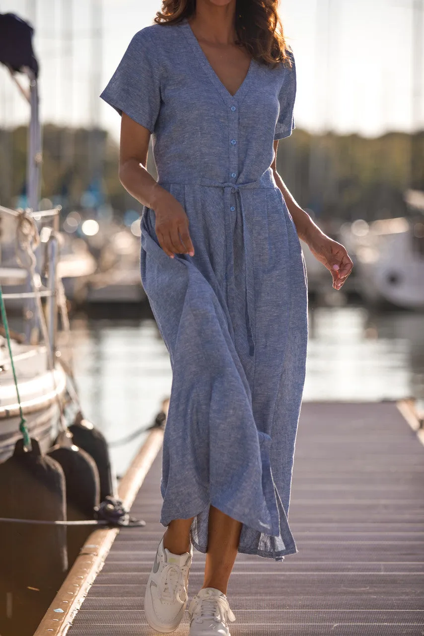 June Dress in Light Blue Linen/Cotton Made to Order