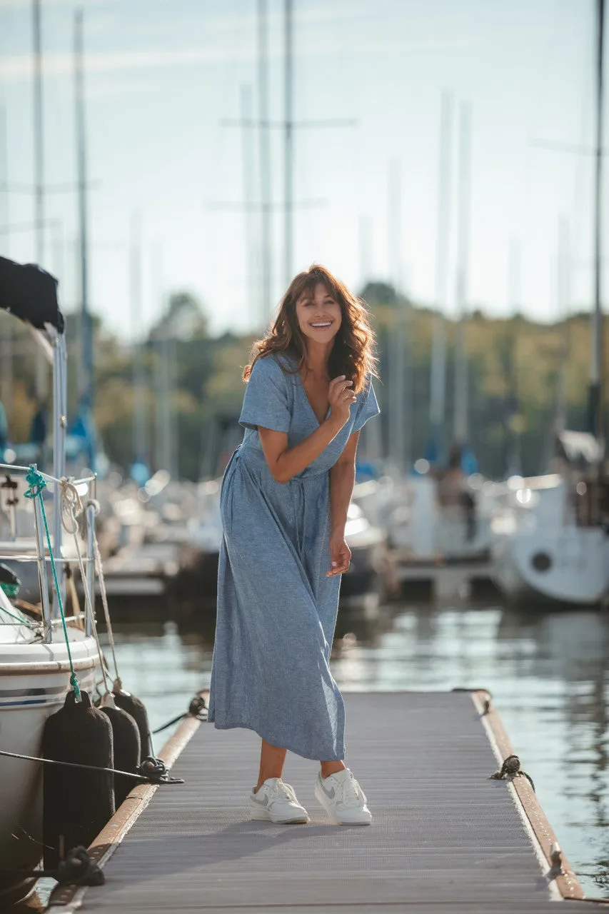 June Dress in Light Blue Linen/Cotton Made to Order