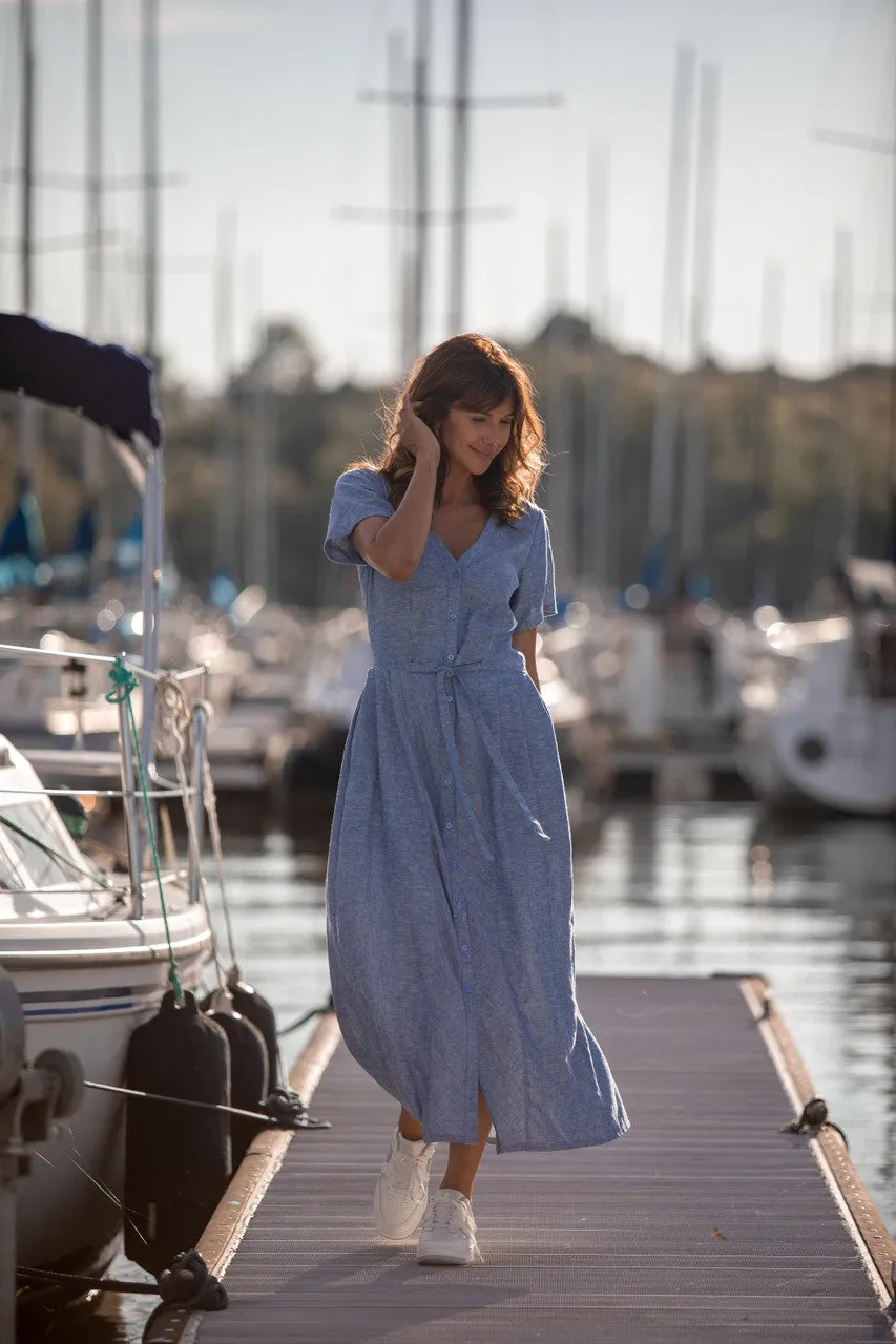 June Dress in Light Blue Linen/Cotton Made to Order