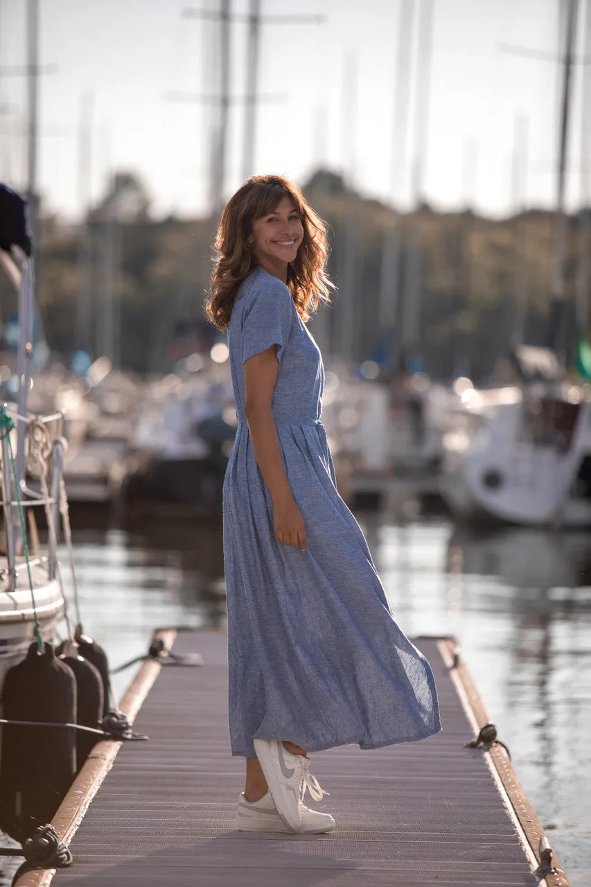 June Dress in Light Blue Linen/Cotton Made to Order