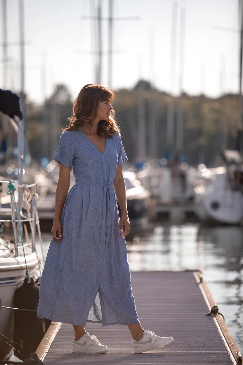 June Dress in Light Blue Linen/Cotton Made to Order