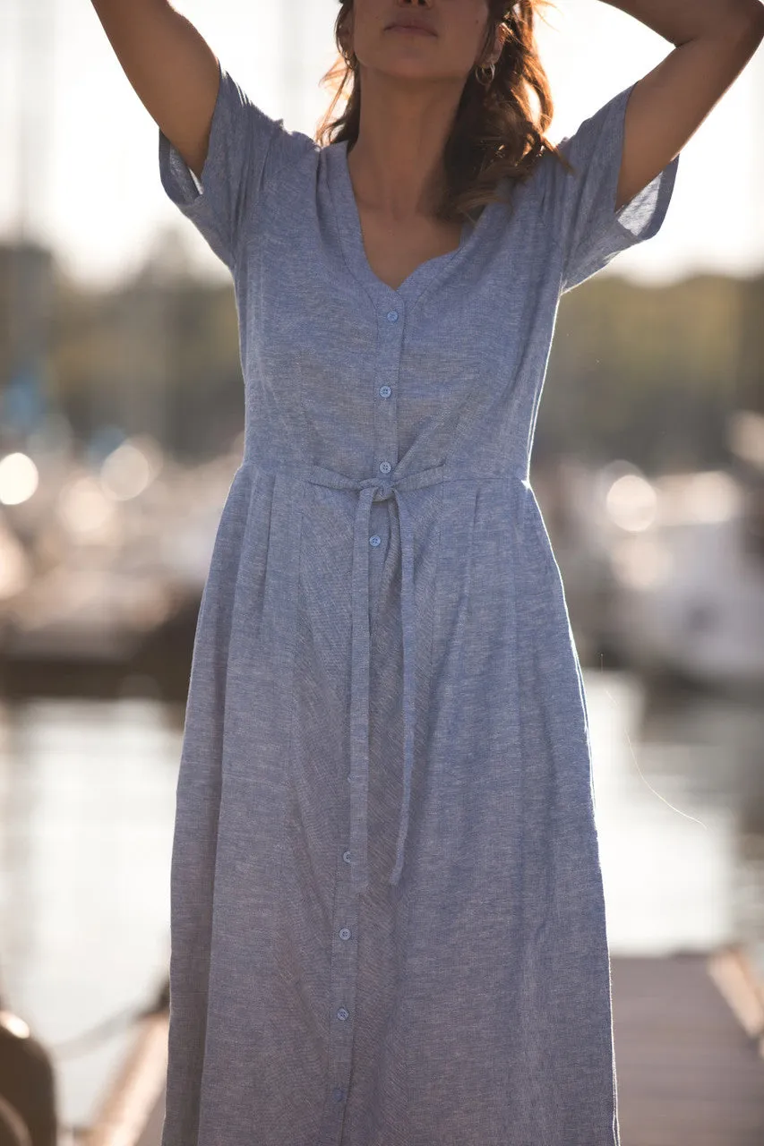 June Dress in Light Blue Linen/Cotton Made to Order