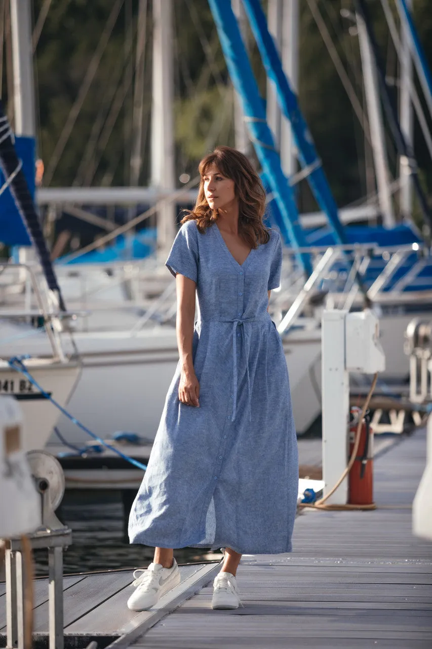 June Dress in Light Blue Linen/Cotton Made to Order