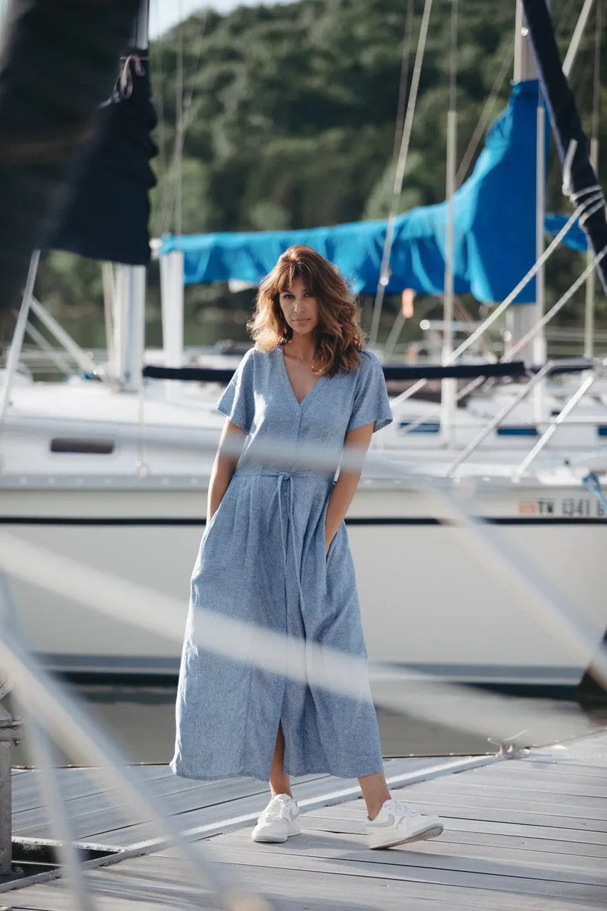 June Dress in Light Blue Linen/Cotton Made to Order