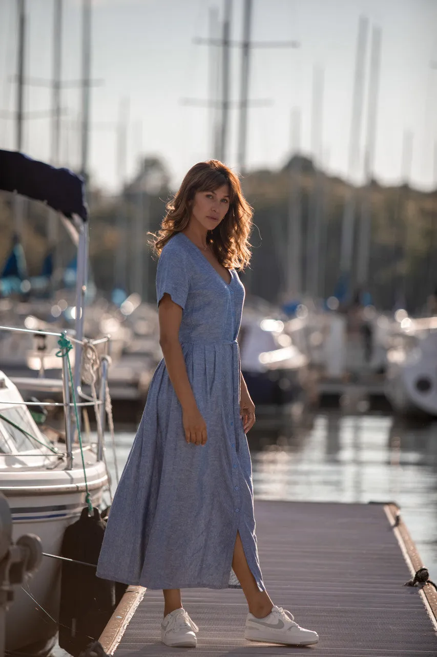 June Dress in Light Blue Linen/Cotton Made to Order