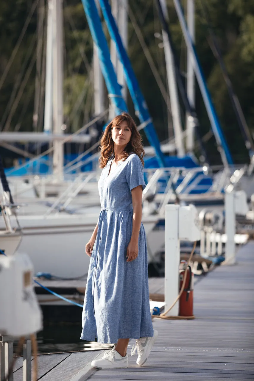 June Dress in Light Blue Linen/Cotton Made to Order