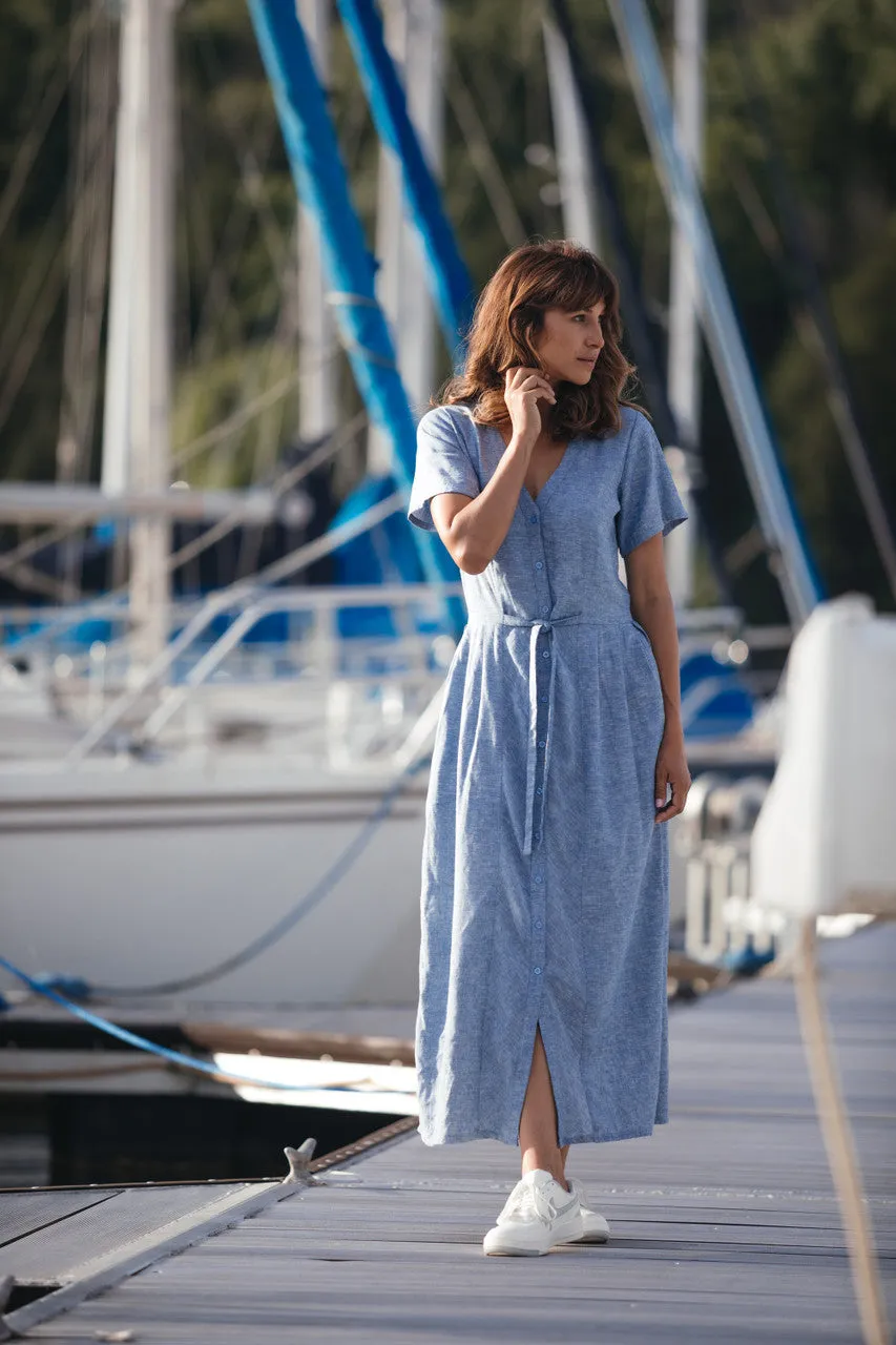 June Dress in Light Blue Linen/Cotton Made to Order