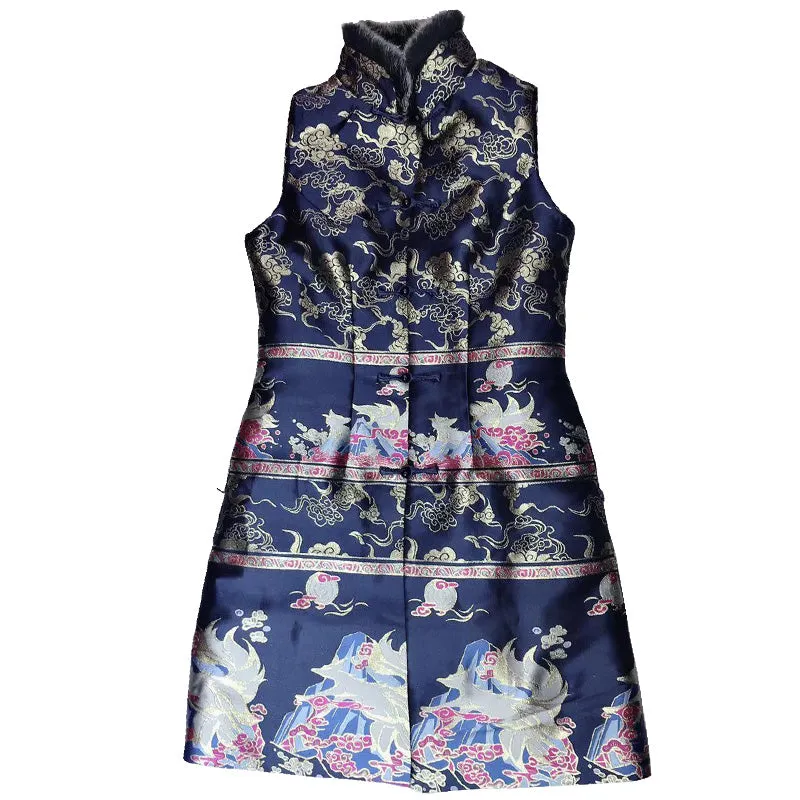 Knee Length Fur Edge Brocade Traditional Wadded Chinese Waistcoat Vest
