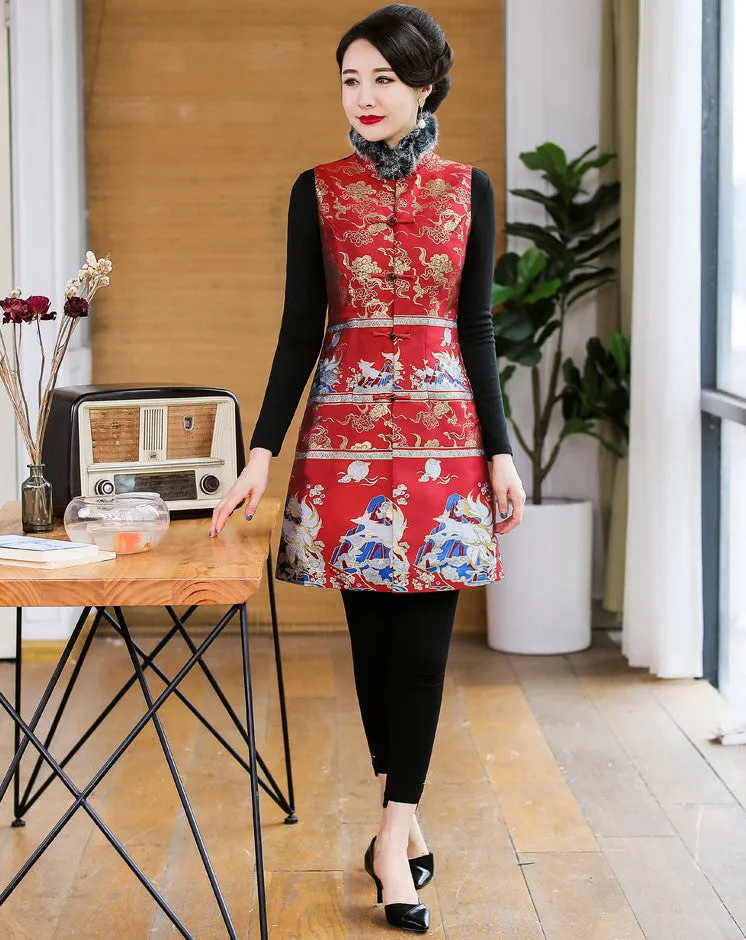Knee Length Fur Edge Brocade Traditional Wadded Chinese Waistcoat Vest