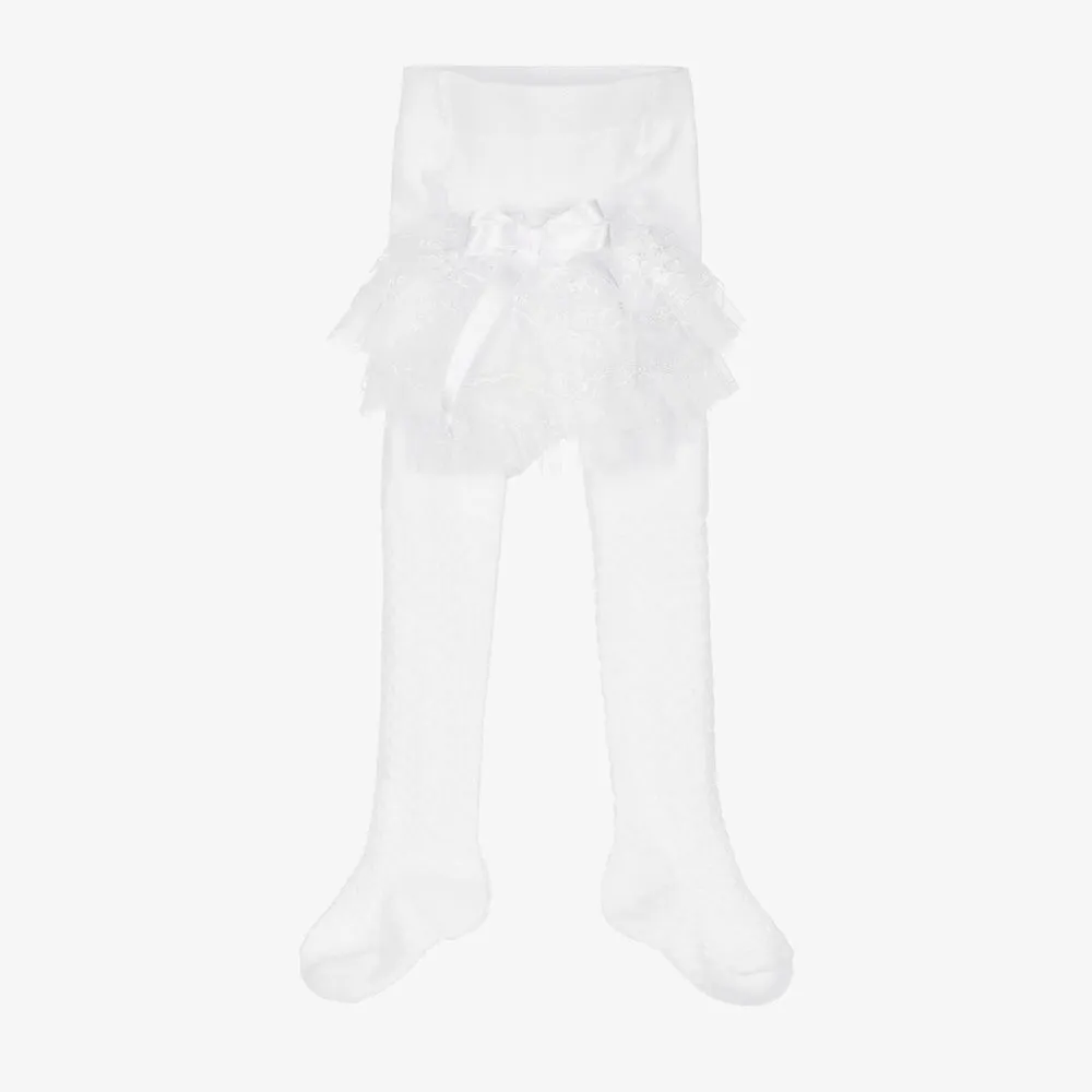 Lace Ruffle Tights with Satin Bow