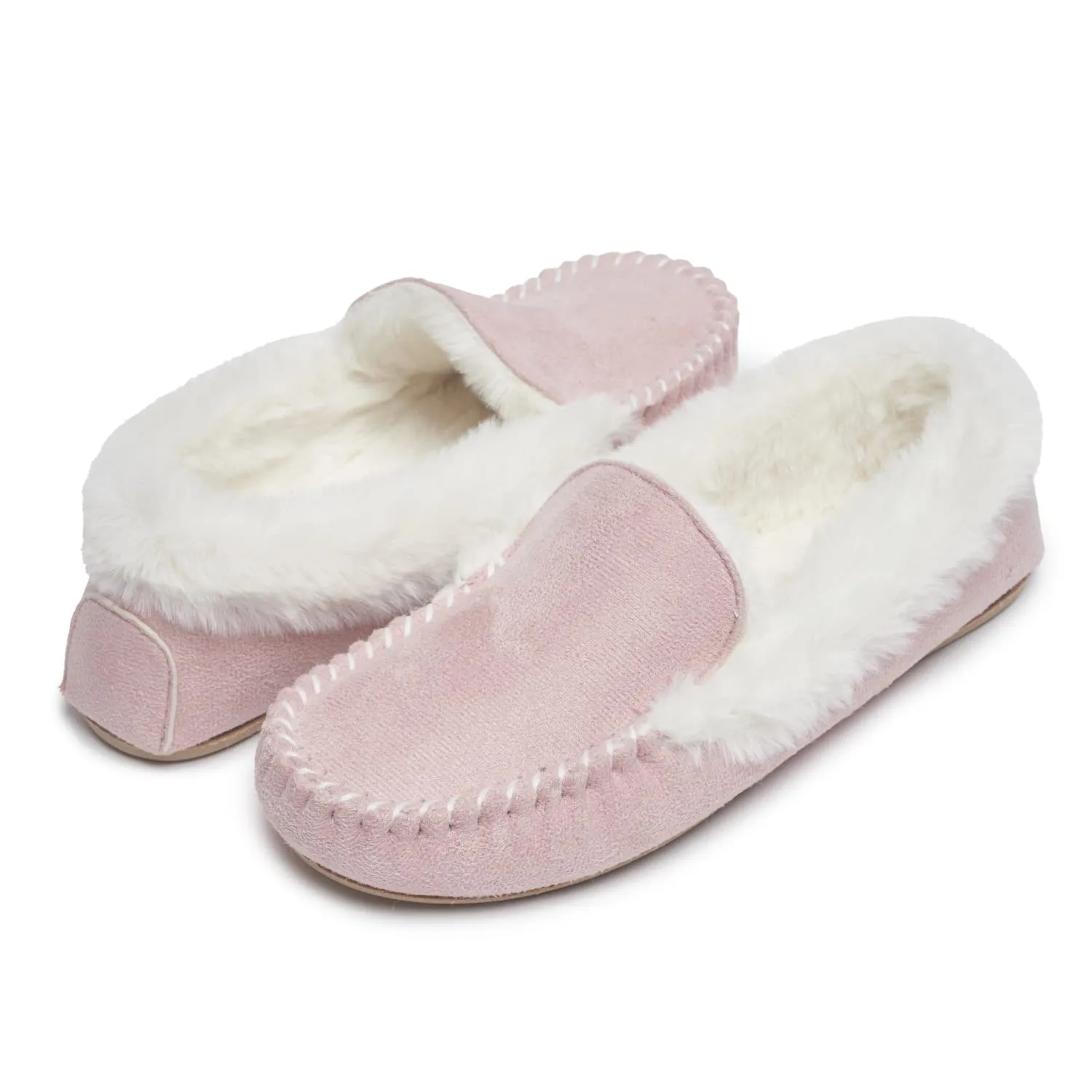 Laura Ashley Womens Micro Suede Memory Foam Moccasin Slippers, Warm Fuzzy Rubber Bottom Indoor Outdoor Faux Fur House Shoes