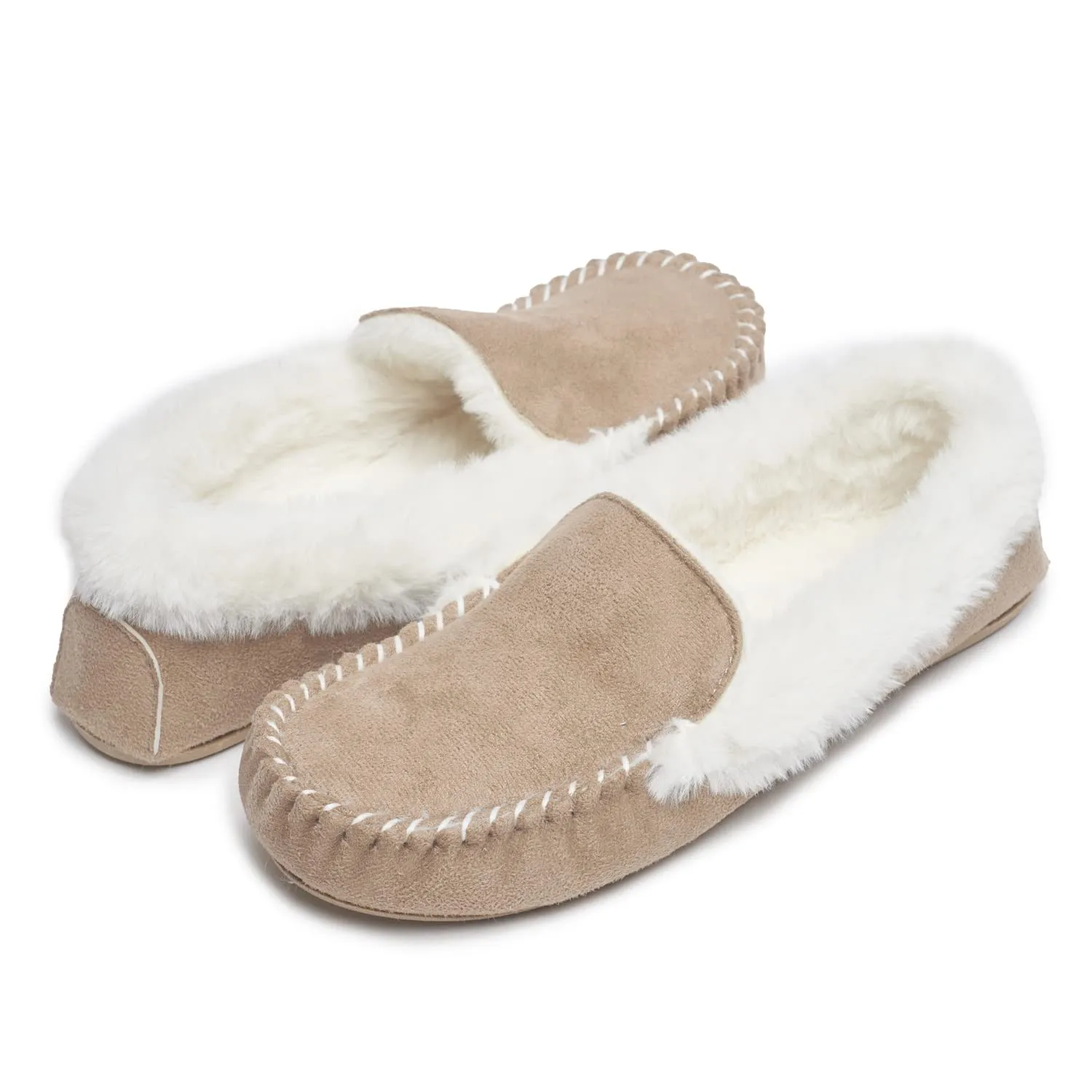 Laura Ashley Womens Micro Suede Memory Foam Moccasin Slippers, Warm Fuzzy Rubber Bottom Indoor Outdoor Faux Fur House Shoes