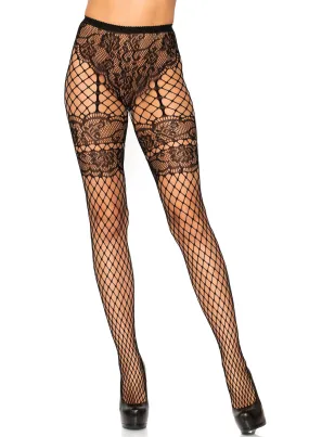 Leg Avenue Lace French Cut Faux Garter Net Tights - One Size  Black