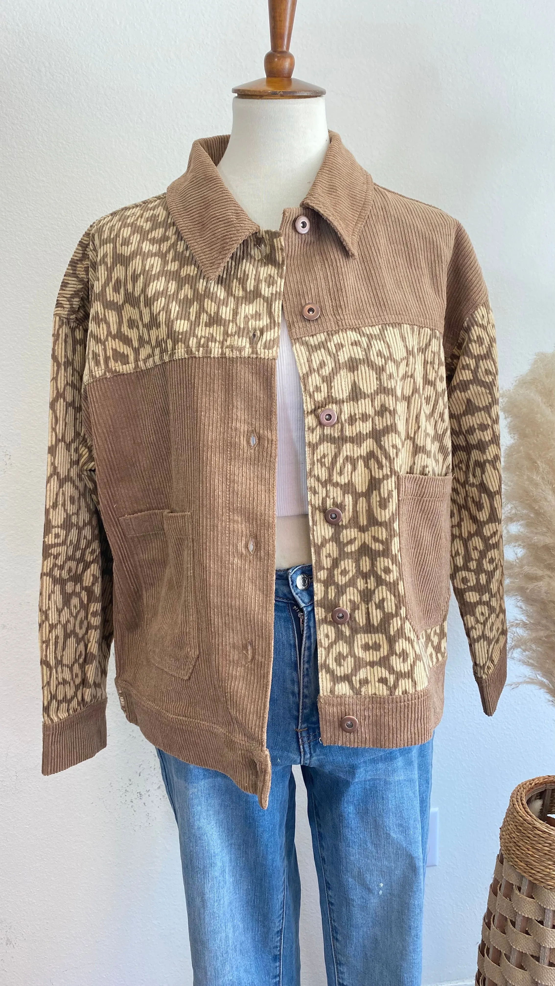 Leopard Contrast Button Down Corduroy Jacket- Mocha