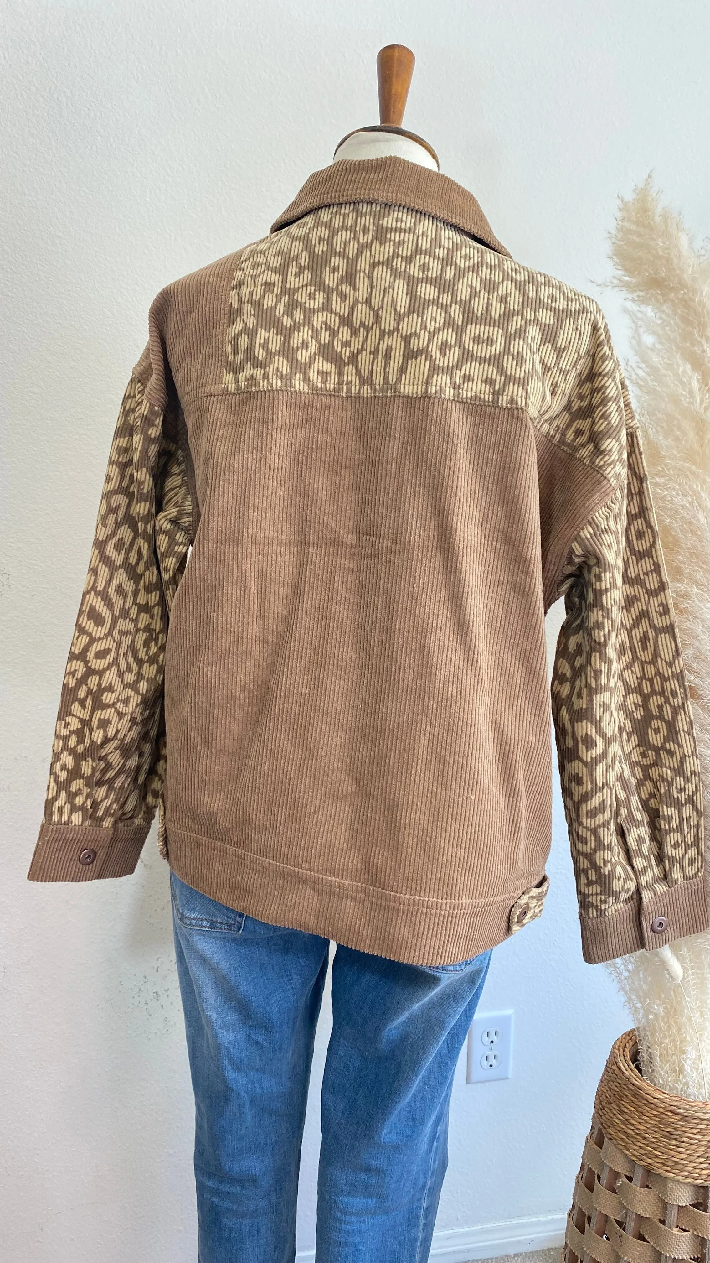 Leopard Contrast Button Down Corduroy Jacket- Mocha