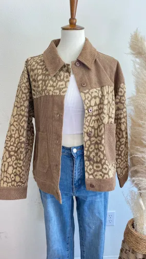 Leopard Contrast Button Down Corduroy Jacket- Mocha