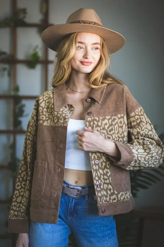 Leopard Contrast Button Down Corduroy Jacket- Mocha