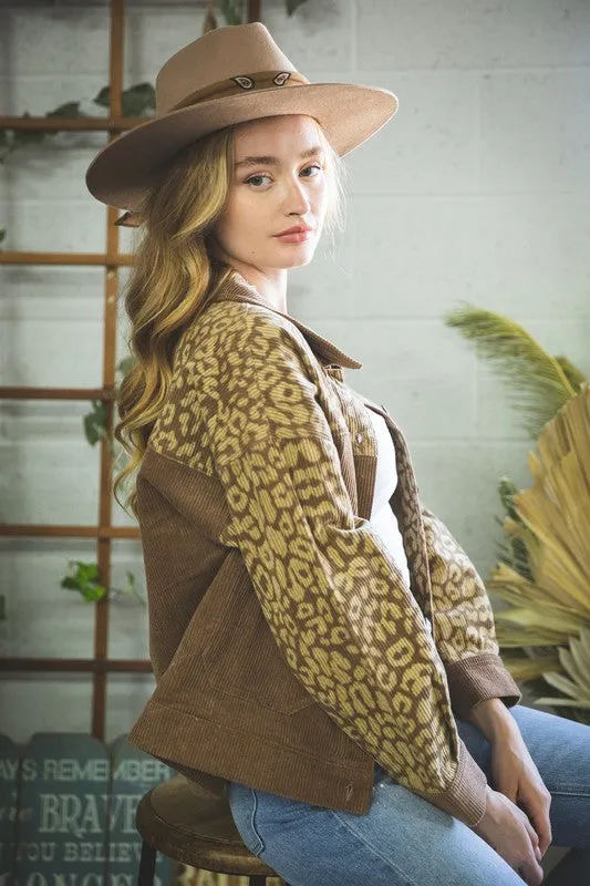 Leopard Contrast Button Down Corduroy Jacket- Mocha