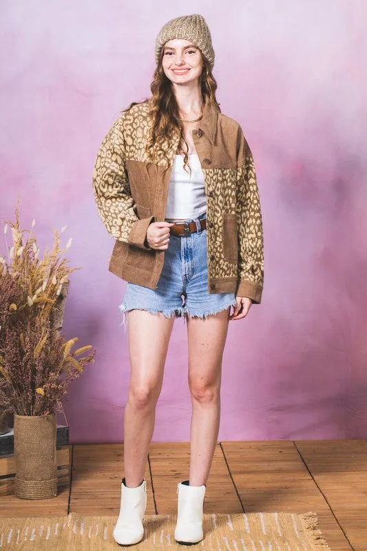 Leopard Contrast Button Down Corduroy Jacket- Mocha