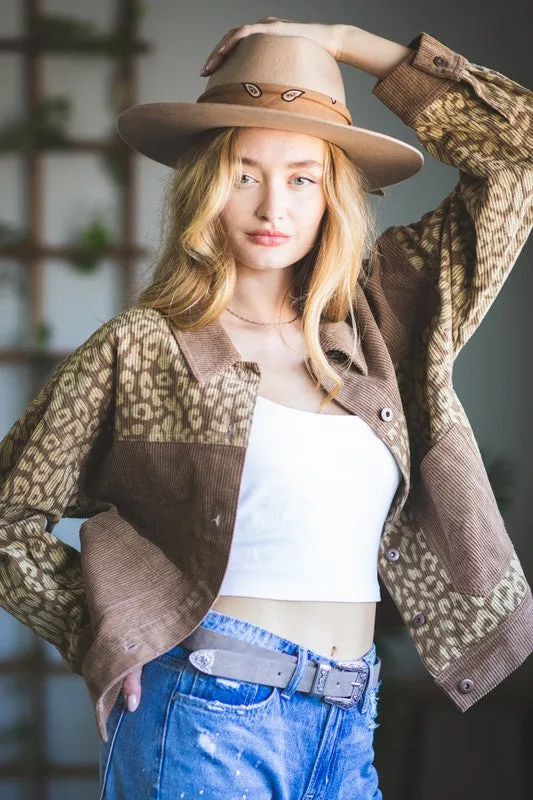 Leopard Contrast Button Down Corduroy Jacket- Mocha