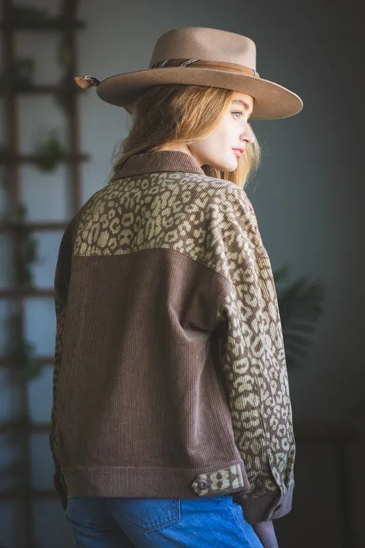 Leopard Contrast Button Down Corduroy Jacket- Mocha