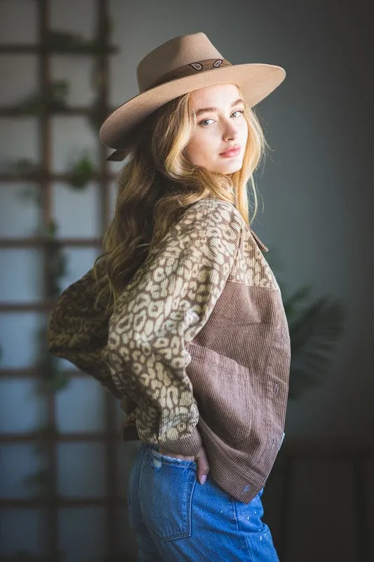 Leopard Contrast Button Down Corduroy Jacket- Mocha