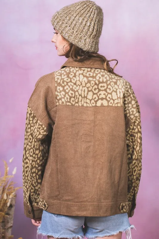 Leopard Contrast Button Down Corduroy Jacket- Mocha