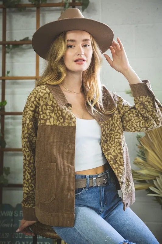 Leopard Contrast Button Down Corduroy Jacket- Mocha