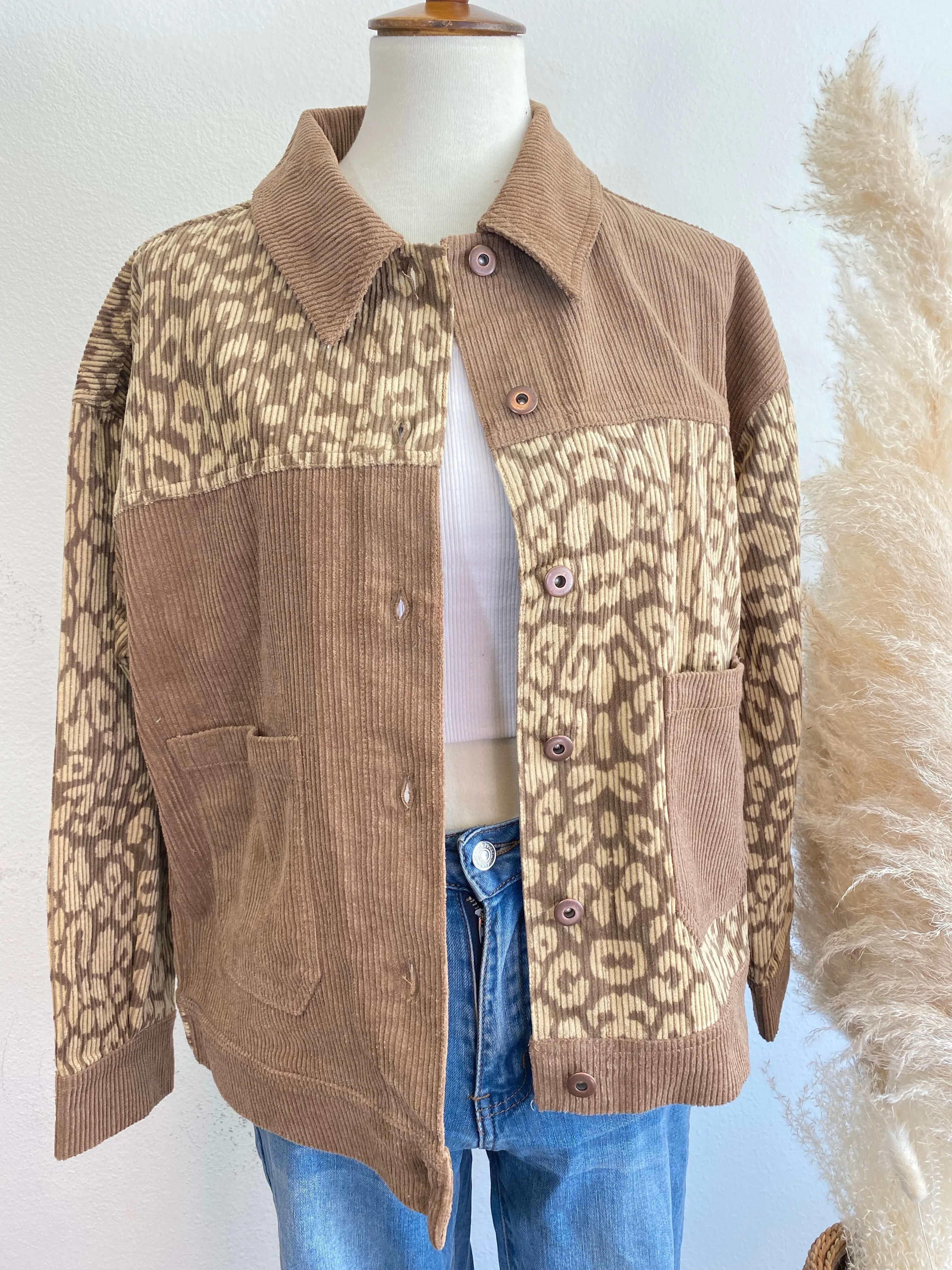 Leopard Contrast Button Down Corduroy Jacket- Mocha
