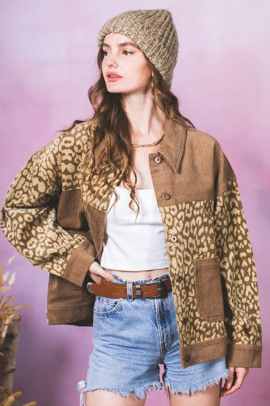 Leopard Contrast Button Down Corduroy Jacket- Mocha