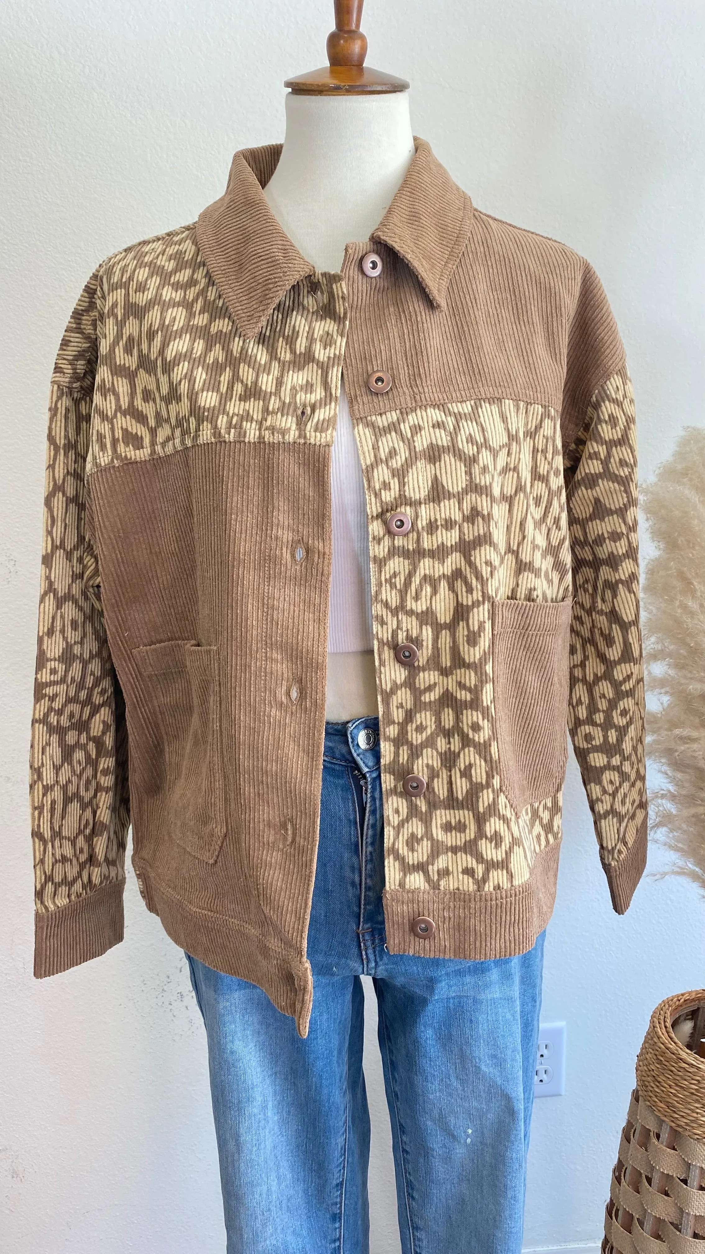 Leopard Contrast Button Down Corduroy Jacket- Mocha