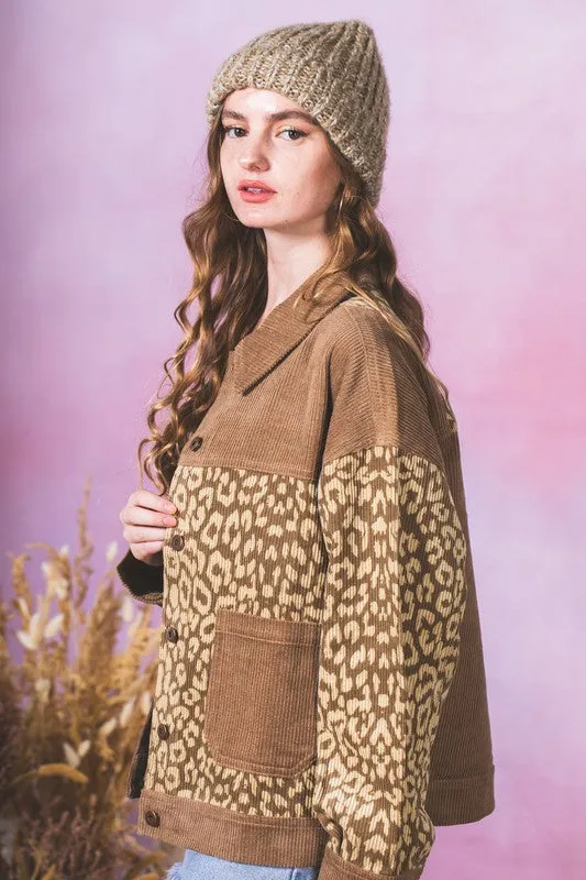 Leopard Contrast Button Down Corduroy Jacket- Mocha