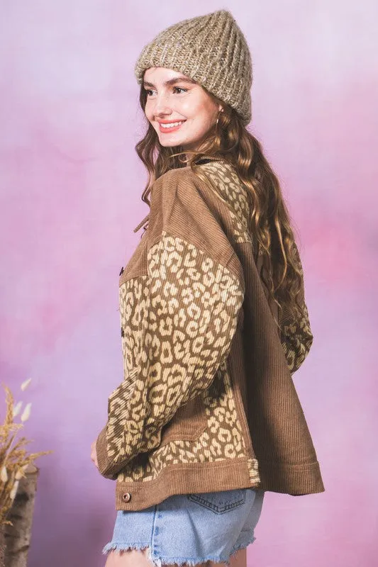 Leopard Contrast Button Down Corduroy Jacket- Mocha